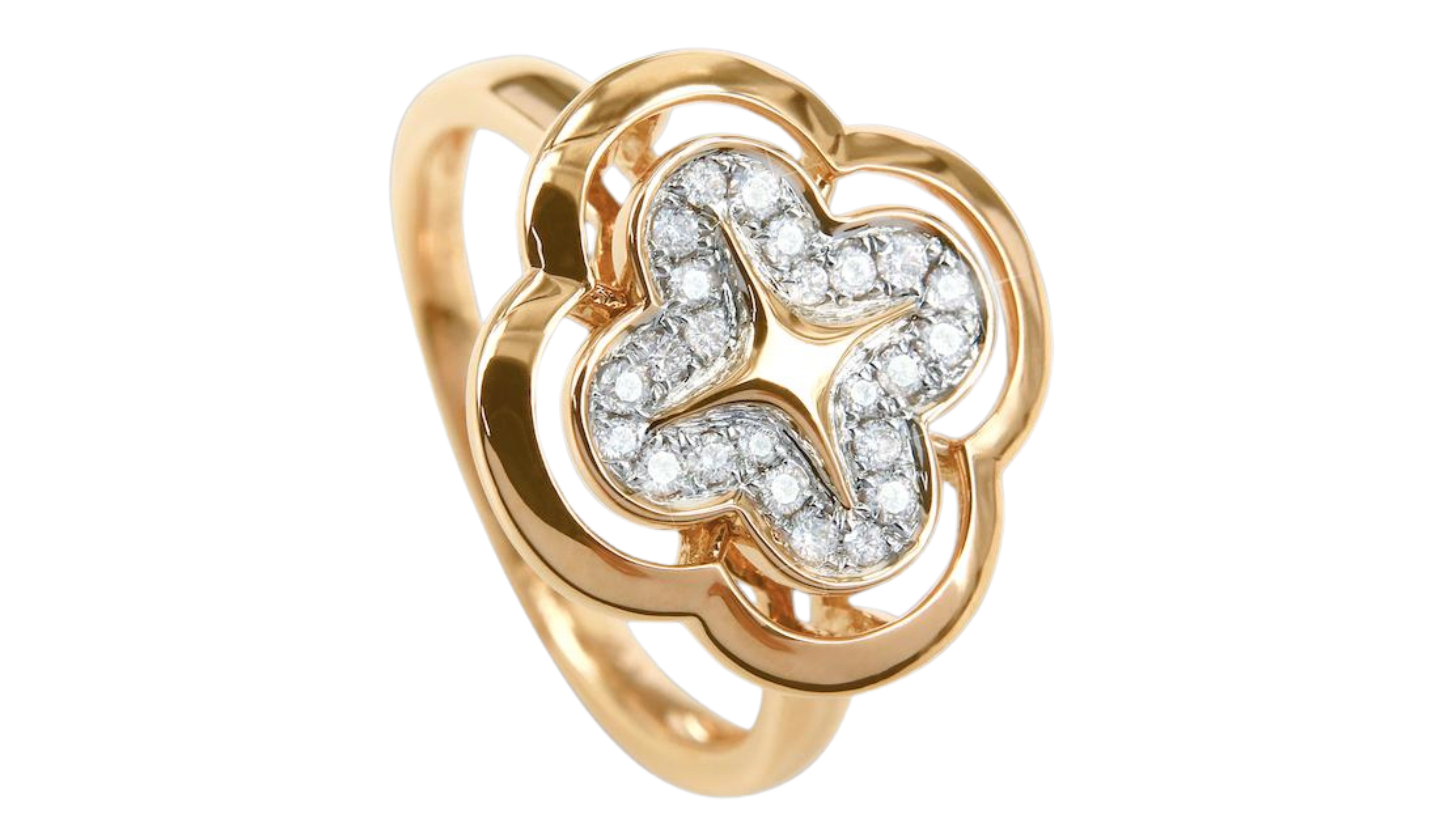 The Alyssum ring uses a four-petal motif, representing love, passion, hope, and dreams, showing how simple geometry can translate emotional values into form.