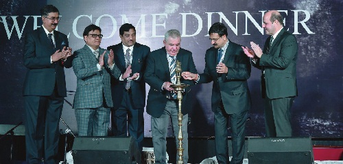 Inaugural lamp lighting ceremony (l to r) Mehul Durlabhji, Vijay Kedia, Nirmal Bardiya, Benjamin Hackman, Rajiv Jain, Clement Sabbagh