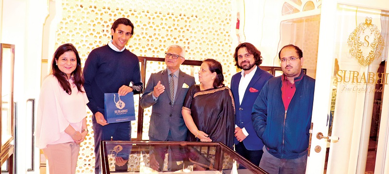 Preview of the new showroom at Lal Haveli presided by His Highness Padmanabh Singh Maharaja of Jaipur who was presented a beautiful cufflink designed by Surabhi. (L-R) Surabhi Kasliwal Godha, Maharaja Padmanabh Singh, Sudhanshu Kasliwal, Ritu Kasliwal, Si