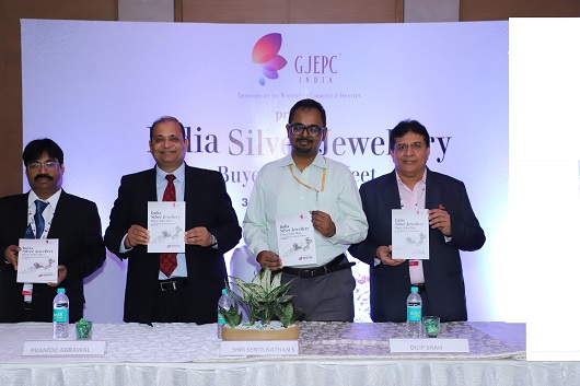 (Right to left) Dilip Shah (convener International Exhibitions)  GJEPC ; Senthilnathan S. Deputy Secretary, Dept. of Commerce, Govt. of India; Pramod Agrawal, Chairman GJEPC;  Rambabu Gupta ; Convener â€“ Silver Palace.(GJEPC)