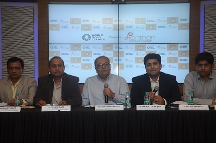 All India Gem & Jewellery Domestic Council members, Nitin Kadam, Director, Ashok Minawala, Past Chairman, Manoj Kumar Jha Director & Convener (Manthan), Saiyam Mehra, Director at a press conference today to announce about the upcoming event